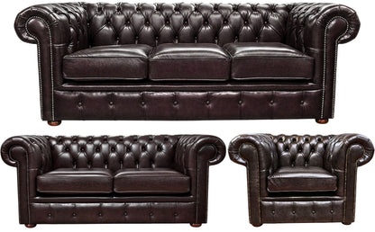 The Cambridge Chesterfield 3 Piece Suite with 3 seater, 2 seater and club chair in English Smoke leather