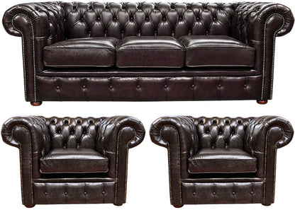 The Cambridge Chesterfield 3 Piece Suite with 3 seater and 2 club chairs in English Smoke leather