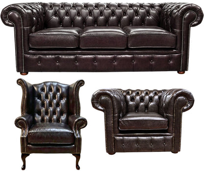 The Cambridge Chesterfield 3 Piece Suite with 3 seater, club chair and Queen Anne chair in English Smoke leather