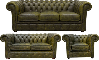 The Cambridge Chesterfield 3 Piece Suite with 3 seater, 2 seater and club chair in Vintage Moss leather