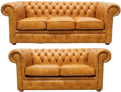 The Cambridge Chesterfield 3 Piece Suite with 3 seater and 2 seater in Vintage Mustard leather
