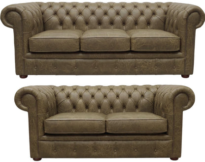 The Cambridge Chesterfield 3 Piece Suite with 3 seater and 2 seater in Vintage Olive leather