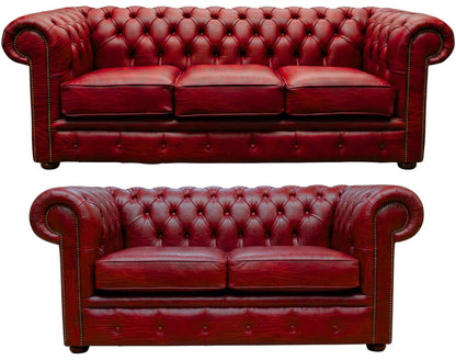 The Cambridge Chesterfield 3 Piece Suite with 3 seater and 2 seater in Vintage Poppy leather