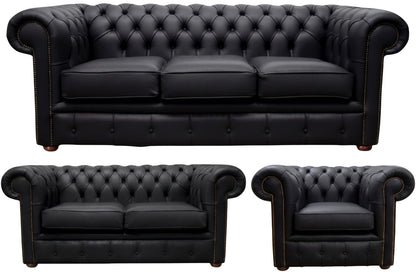 The Cambridge Chesterfield 3 Piece Suite with 3 seater, 2 seater and club chair in Windsor Black leather