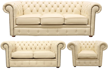 The Cambridge Chesterfield 3 Piece Suite with 3 seater, 2 seater and club chair in Windsor Cottonseed leather