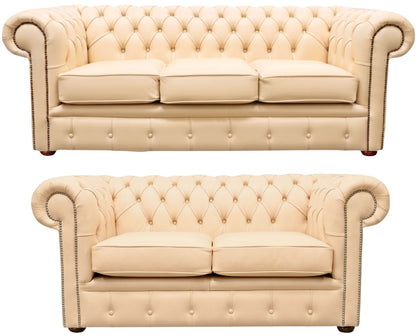 The Cambridge Chesterfield 3 Piece Suite with 3 seater and 2 seater in Windsor Cream leather
