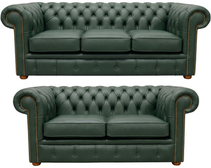 The Cambridge Chesterfield 3 Piece Suite with 3 seater and 2 seater in Windsor Forest Green leather