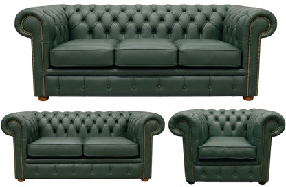 The Cambridge Chesterfield 3 Piece Suite with 3 seater, 2 seater and club chair in Windsor Forest Green leather