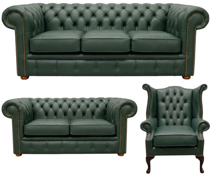 The Cambridge Chesterfield 3 Piece Suite with 3 seater, 2 seater and Queen Anne chair in Windsor Forest Green leather