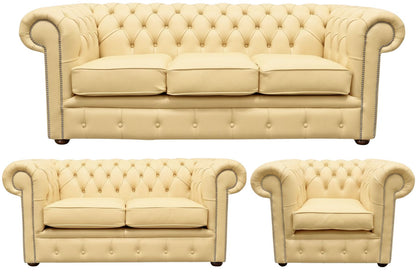 The Cambridge Chesterfield 3 Piece Suite with 3 seater, 2 seater and club chair in Windsor Fudge leather