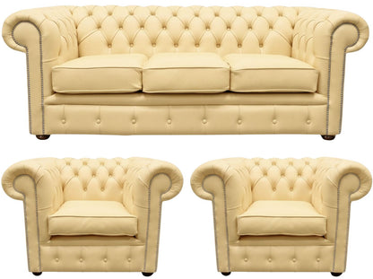 The Cambridge Chesterfield 3 Piece Suite with 3 seater and 2 club chairs in Windsor Fudge leather