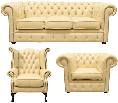 The Cambridge Chesterfield 3 Piece Suite with 3 seater, club chair and Queen Anne chair in Windsor Fudge leather