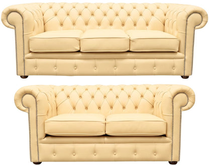 The Cambridge Chesterfield 3 Piece Suite with 3 seater and 2 seater in Windsor Ivory leather