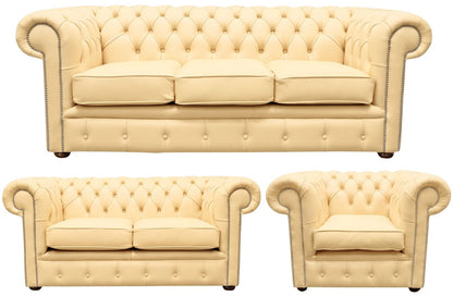 The Cambridge Chesterfield 3 Piece Suite with 3 seater, 2 seater and club chair in Windsor Ivory leather