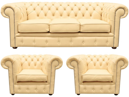 The Cambridge Chesterfield 3 Piece Suite with 3 seater and 2 club chairs in Windsor Ivory leather