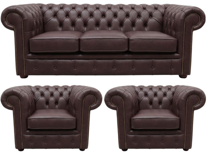 The Cambridge Chesterfield 3 Piece Suite with 3 seater and 2 club chairs in Windsor Mocca leather