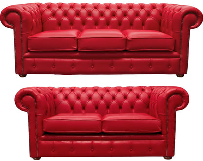 The Cambridge Chesterfield 3 Piece Suite with 3 seater and 2 seater in Windsor Red leather