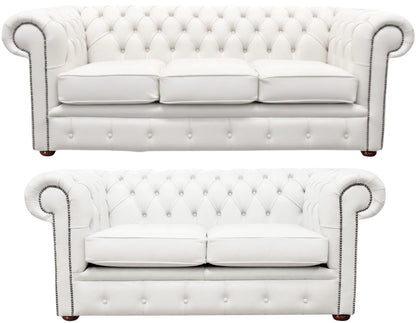 The Cambridge Chesterfield 3 Piece Suite with 3 seater and 2 seater in Windsor White leather