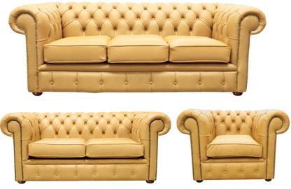 The Cambridge Chesterfield 3 Piece Suite with 3 seater, 2 seater and club chair in Windsor Yellow leather
