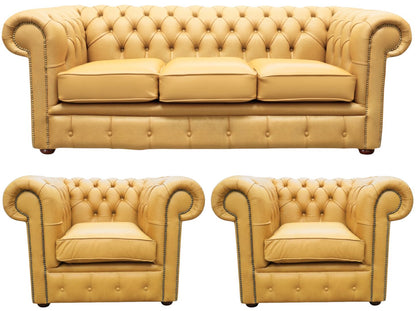 The Cambridge Chesterfield 3 Piece Suite with 3 seater and 2 club chairs in Windsor Yellow leather