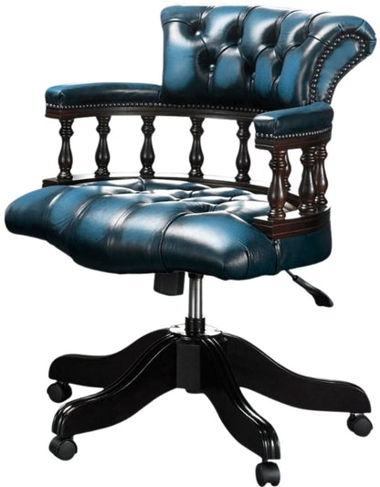 The Captain's Swivel Chair in Antique Blue leather, buttoned seat