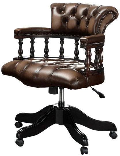 The Captain's Swivel Chair in Antique Brown leather, buttoned seat