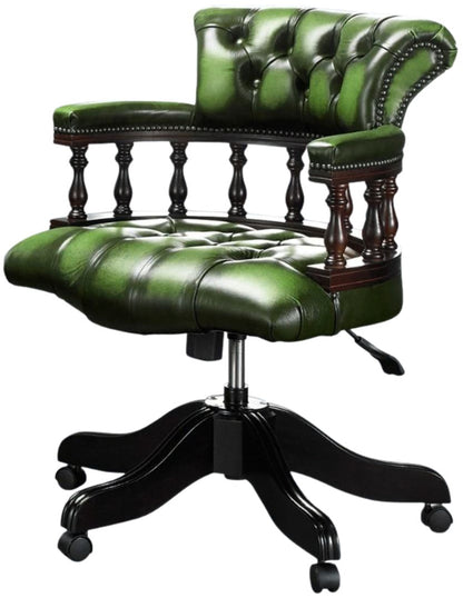 The Captain's Swivel Chair in Antique Green leather, buttoned seat