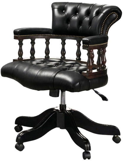 The Captain's Swivel Chair in English Black leather, buttoned seat