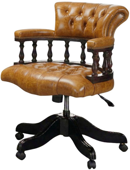 The Captain's Swivel Chair in English Bruciato leather, buttoned seat