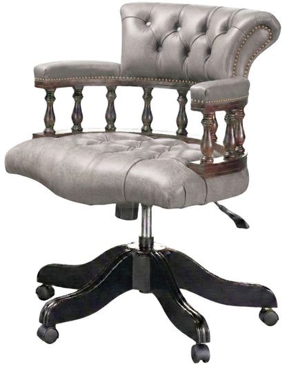 The Captain's Swivel Chair in English Lead leather, buttoned seat