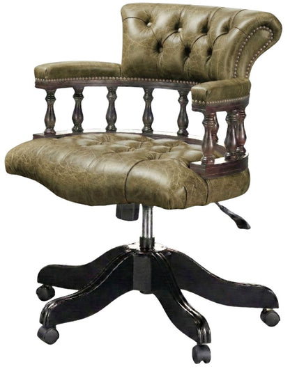 The Captain's Swivel Chair in English Moss leather, buttoned seat