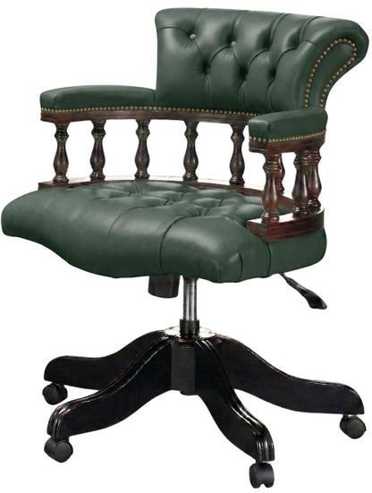 The Captain's Swivel Chair in Windsor Forest Green leather, buttoned seat