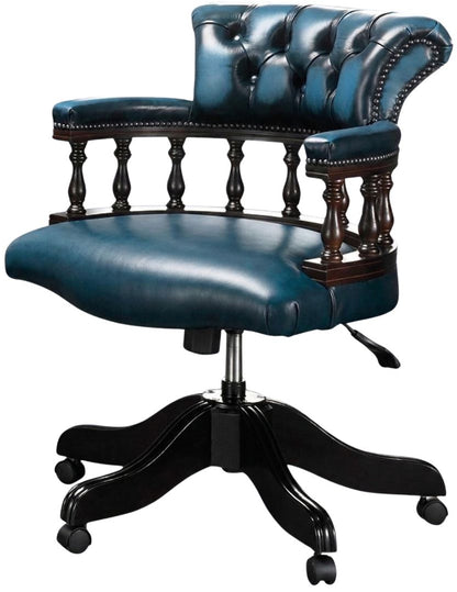 The Captain's Swivel Chair in Antique Blue leather, plain seat