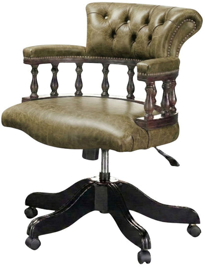 The Captain's Swivel Chair in English Moss leather, plain seat