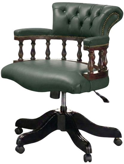 The Captain's Swivel Chair in Windsor Forest Green leather, plain seat