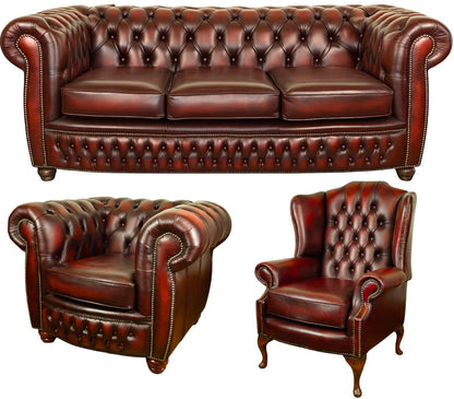 The Chamberlain Chesterfield 3 Piece Suite with 3 seater, club chair and wing chair in Antique Oxblood leather