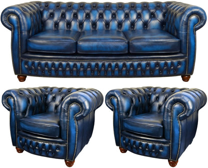 The Chamberlain Chesterfield 3 Piece Suite with 3 seater and 2 club chairs in Antique Blue leather