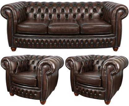 The Chamberlain Chesterfield 3 Piece Suite with 3 seater and 2 club chairs in Antique Brown leather