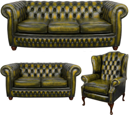 The Chamberlain Chesterfield 3 Piece Suite with 3 seater, 2 seater and club chair in Antique Gold leather