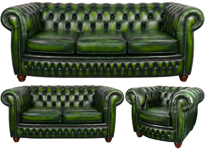 The Chamberlain Chesterfield 3 Piece Suite with 3 seater, 2 seater and club chair in Antique Green leather