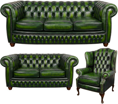 The Chamberlain Chesterfield 3 Piece Suite with 3 seater, 2 seater and wing chair in Antique Green leather