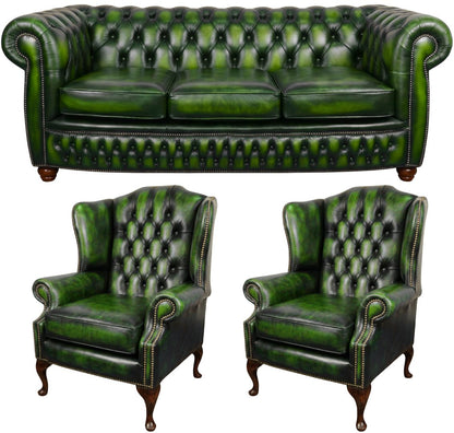 The Chamberlain Chesterfield 3 Piece Suite with 3 seater and 2 wing chairs in Antique Green leather