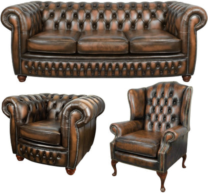 The Chamberlain Chesterfield 3 Piece Suite with 3 seater, club chair and wing chair in Antique Tan leather