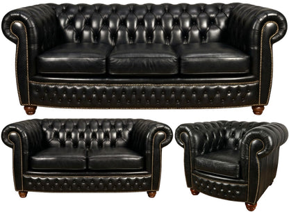 The Chamberlain Chesterfield 3 Piece Suite with 3 seater, 2 seater and club chair in English Black leather