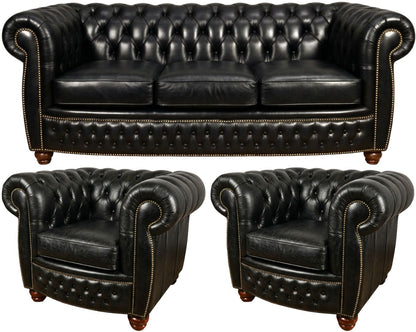 The Chamberlain Chesterfield 3 Piece Suite with 3 seater and 2 club chairs in English Black leather
