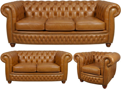 The Chamberlain Chesterfield 3 Piece Suite with 3 seater, 2 seater and club chair in English Bruciato leather