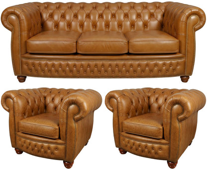 The Chamberlain Chesterfield 3 Piece Suite with 3 seater and 2 club chairs in English Bruciato leather