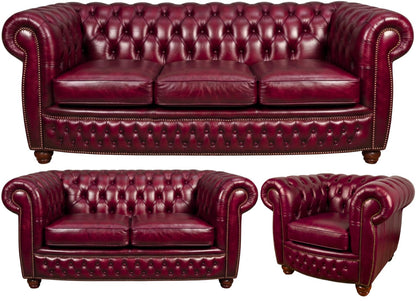 The Chamberlain Chesterfield 3 Piece Suite with 3 seater, 2 seater and club chair in English Burgundy leather