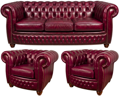 The Chamberlain Chesterfield 3 Piece Suite with 3 seater and 2 club chairs in English Burgundy leather