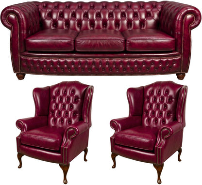 The Chamberlain Chesterfield 3 Piece Suite with 3 seater and 2 wing chairs in English Burgundy leather